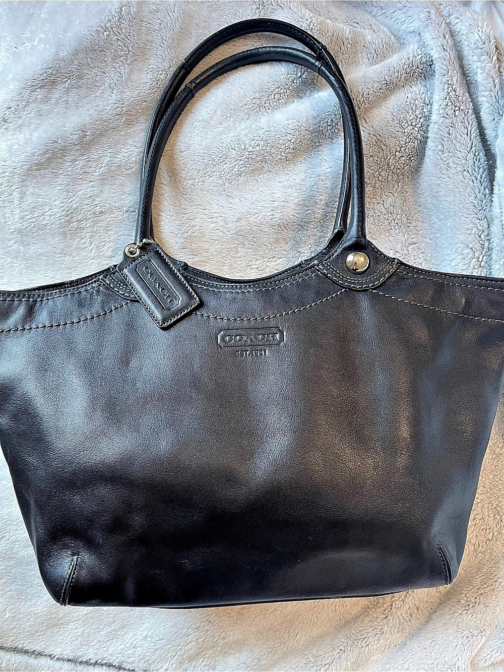 Coach Bleeker Black Leather Tote Bag Legacy Lining